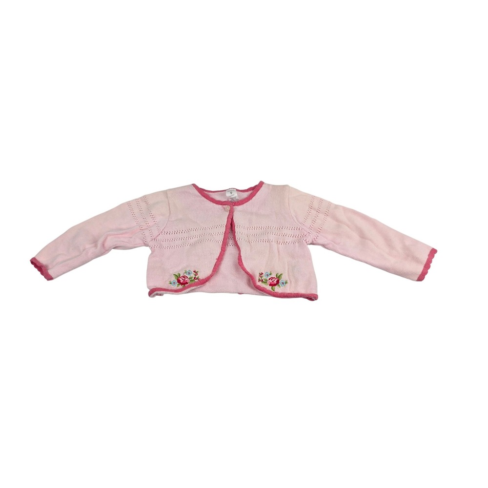 Carters Baby Girl 9 Months Pink Knit Cardigan Sweater Embroidered Rose Floral